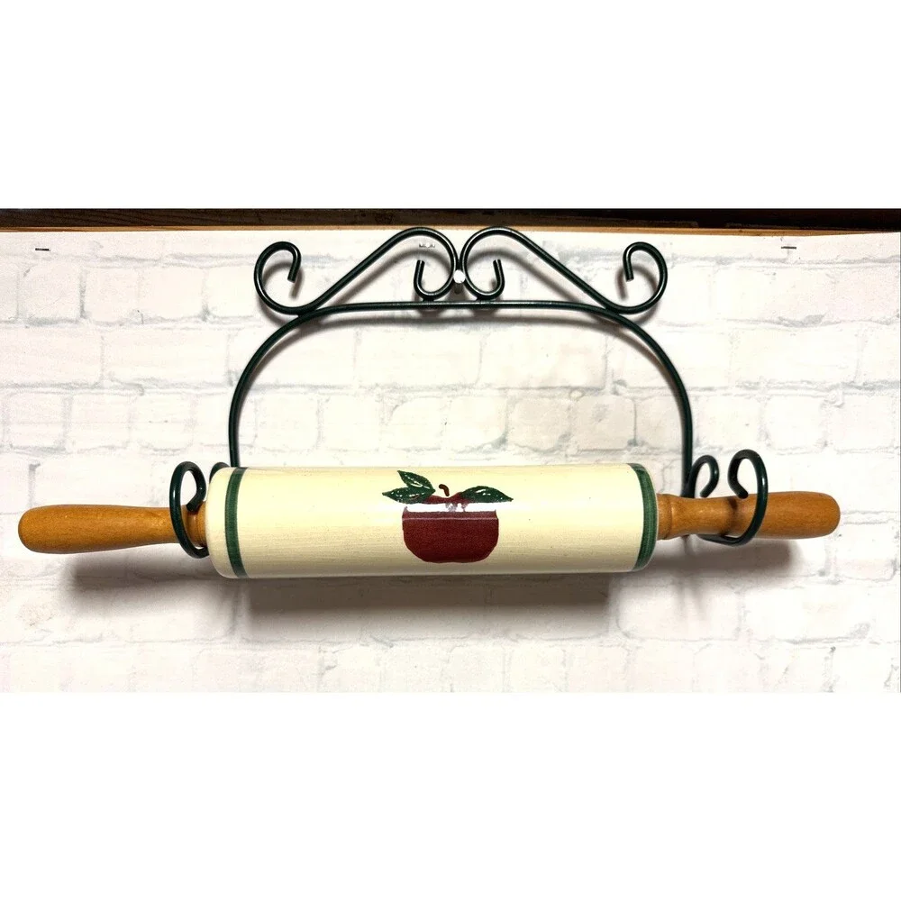 Vintage Ceramic Apple Dough Rolling Pin With Green Metal Wall Rack